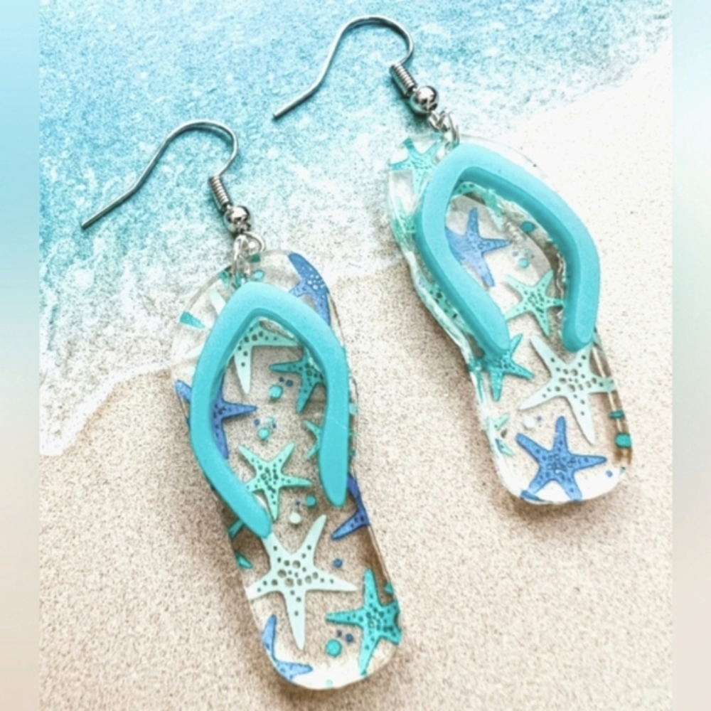 NEW Starfish Flip-Flops Dangle Earrings Navy Blue and Teal Blue